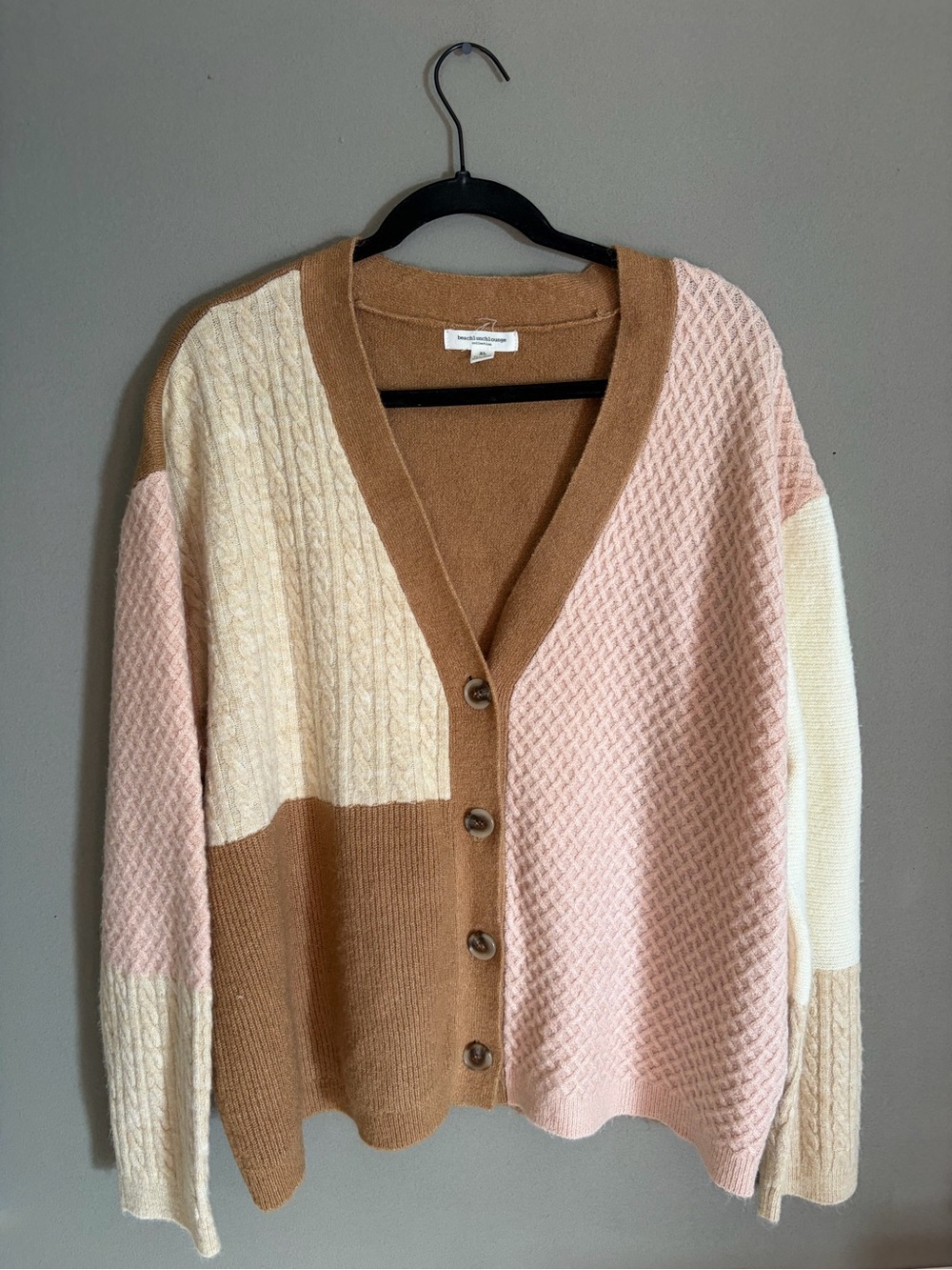 Colorblock V-Neck Button Cardigan Sweater - Pink, Cream & Tan